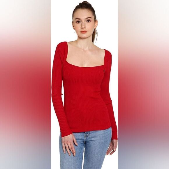 AmélieBoutik Women Square Neck Tie Back Long Sleeve Ribbed Sweater Red L - Picture 4 of 10